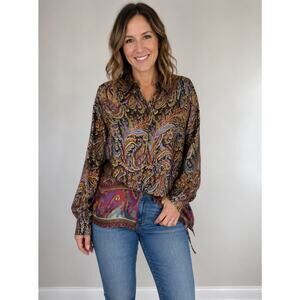 Zara Multicolor Paisley Button Down Blouse Flowy Balloon Sleeve Large Boho Artsy